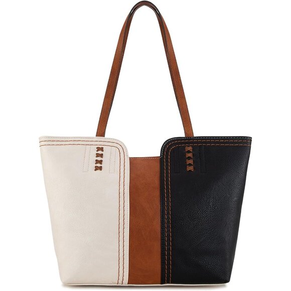 👑Women\'s Three Chocolate Leather Top Handle Zipper Pockets Casual Tote Bag